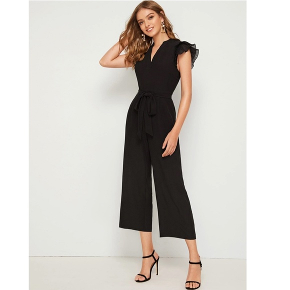 Black Elegant Belted Jumpsuit V-Neck Cap Short Sleeve - Picture 2 of 8